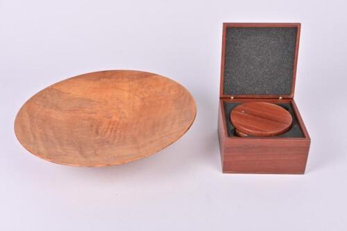 TREEN: A finely hand-turned bowl and a set of six jarrah coasters in fitted jarrah box, the bowl mark to base: M, the bowl 28cm diameter