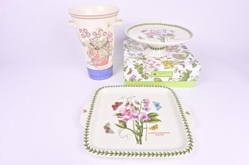 POTTERY: A floral decorated vase, tea tray and cake stand, the vase 26cm