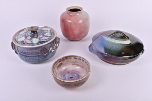 POTTERY: A collection of four blue and purple tone pottery , including vases, jars and bowls, the vase 16cm high