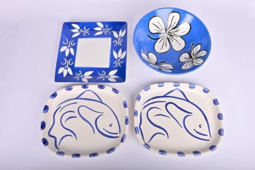 PLATTERS: Three Portuguese style platters, one platter with fish with firing crack, together with a hand panted hibiscus bowl by Anne 8/2000, slight chip to base