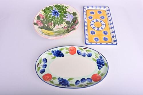 PLATTERS: A collection of two large ceramic platters and hand painted bowl signed to base 'Josephine Design', largest platter is 44cm wide