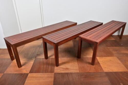 SEATS: Three solid timber (likely Jarrah) bench seats by Leisure Garden Outback furniture 45cm high, 160cm wide