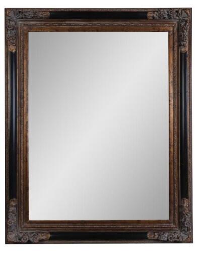 MIRROR: A Regency style black and gilt decorated mirror, 124 x 100cm