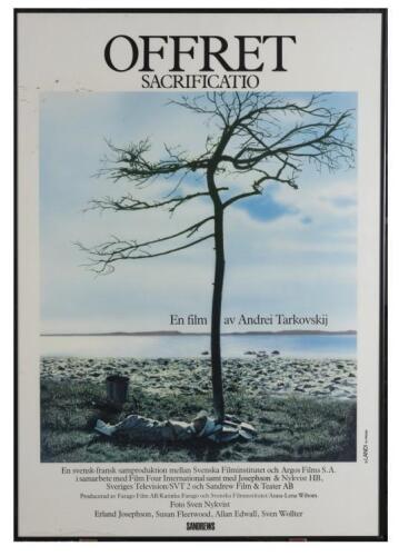 MOVIE POSTER: An advertisement poster for the Swedish film The Sacrifice (Offret), 100 x 72cm overall