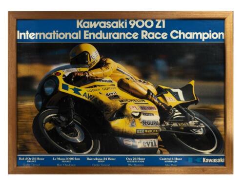 KAWASAKI: An original 1975 Kawasaki 900 Z1 poster featuring the Godier Genoud independent race team