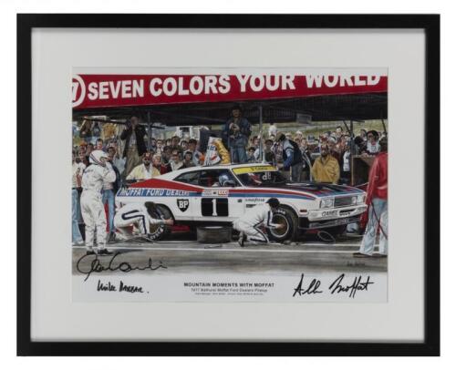 BATHURST: A print - 'MOUNTAIN MOMENTS WITH MOFFAT' - depicting 1977 Bathurst Moffat Ford Dealers Pitstop. Alan Hamilton, Allan Moffat signatures