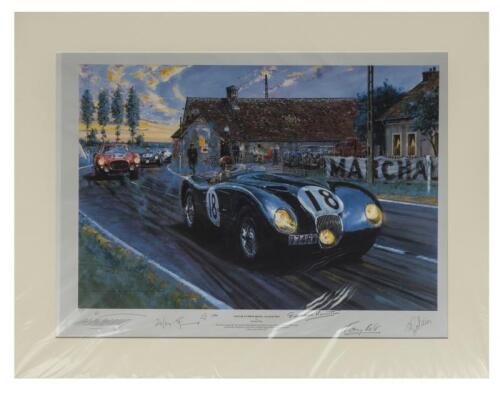 NICHOLAS WATTS: high quality limited edition print by Nicholas Watts titled 'JAGUAR AT WHITE HOUSE - LE MANS 1953' Signed limited edition with CoA, signatures of D. Hamilton, L. England, Moss and Villoresi