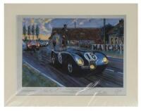 NICHOLAS WATTS: high quality limited edition print by Nicholas Watts titled 'JAGUAR AT WHITE HOUSE - LE MANS 1953' Signed limited edition with CoA, signatures of D. Hamilton, L. England, Moss and Villoresi