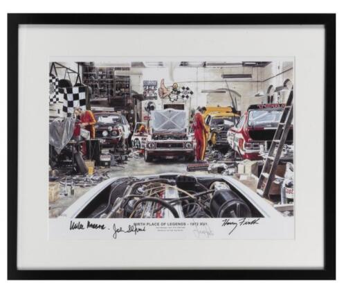TORANA: A print - 'BIRTH PLACE OF LEGENDS - 1972 XU1' - depicting a garage scene with Torana XU1's, signed by Harry Firth, John Sheppard, Ian Tate and artist