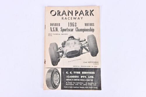 ORAN PARK RACEWAY: A race programme from the 1968 Oran Park Raceway NSW Sportscar Championships, signed by Bryan Thomson
