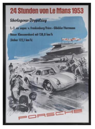 PORSCHE: A large reprinted poster of a 1953 advertising poster by Erich Strenger "24 Stunden Von Le Mans"