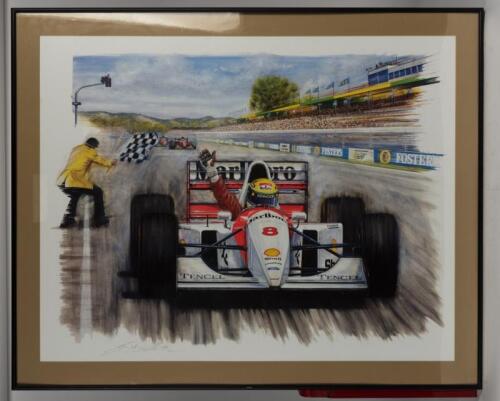 AYRTON SENNA: A limited edition print "The Final Chequered Flag" featuring Ayrton Senna winning at the 1993 Australian Grand Prix, Adelaide