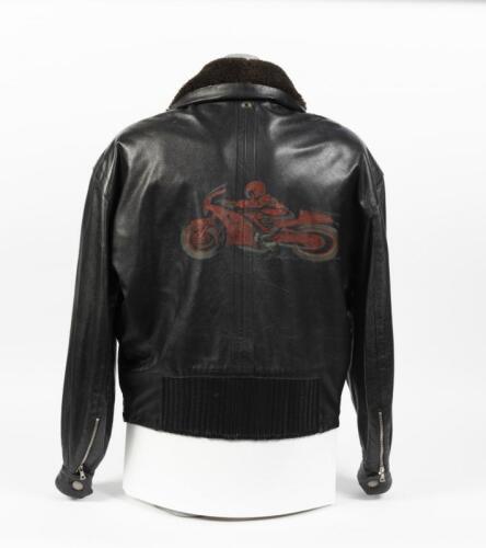 LEATHER JACKET: A Eugene of Collins Street black leather jacket with commissioned hand painting by reknowned Melbourne artist Charles Billich