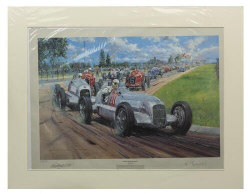 NICHOLAS WATTS: high quality limited edition print by Nicholas Watts titled 'BIRTH OF THE SILVER ARROWS' Signed limited edition with CoA, signed by signature of Manfred von Bauchtrisch