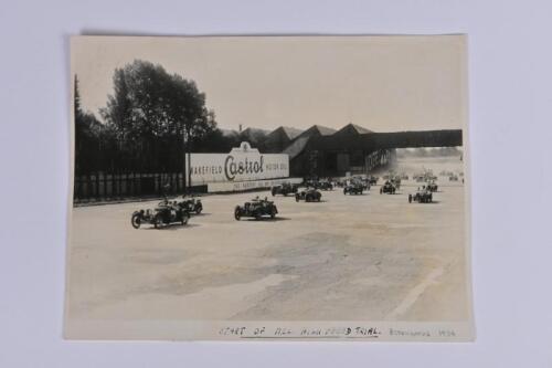 BROOKLANDS: A period black and white photograph of the start of M.C.C. High Speed Trial at Brooklands, 1934
