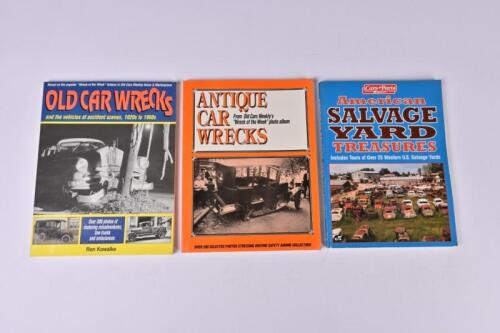 CAR WRECKS: Three softcover books detailing car wrecks and salvage yards. 'ANTIQUE CAR WRECKS' photo album
