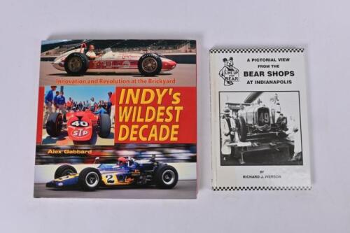 INDIANAPOLIS: Two hardcover books detailing the history of Indianapolis 500. 'A PICTORIAL VIEW FROM THE BEAR SHOPS AT INDIANAPOLIS' by Richard J.Iverson