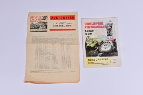 NURBURGRING: Two superlative items related to the 1962 German Grand Prix. 'GROSSER PREIS VON DEUTSCHLAND - 5.August 12 UHR' Official Programme