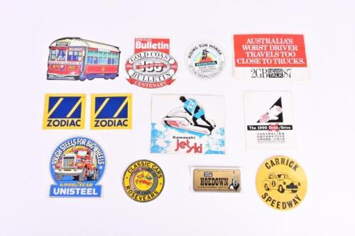 AUSTRALIAN STICKERS: Eleven Australian stickers and one Bendigo Tramways postcard. 'CARRICK SPEEDWAY' sticker