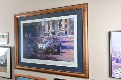 COOPER-CLIMAX: A limited edition print featuring Jack Brabham leading the 1959 Monaco GP (signed Jack Brabham, John Cooper & Nicholas Watts)
