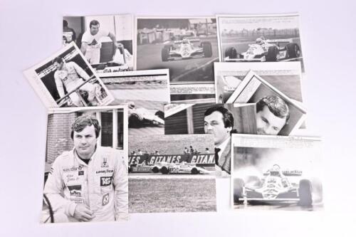 JONES: A collection of black and white press photos and pictures of Alan Jones. Alan Jones driving a Williams FW07B from the 1980 and 1981 Grand Prix season, Calder Park practice sessions