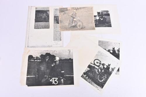 MOTORCYCLES: A collection of vintage black and white motorcycle pictures and newspaper clippings