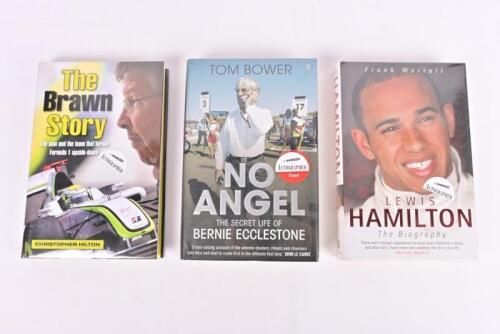 F1 BIOGRAPHIES: Three hardcover books detailing various personalities from F1. 'The Brawn Story' by Christopher Hilton. Brawn, Ecclestone, Hamilton signatures