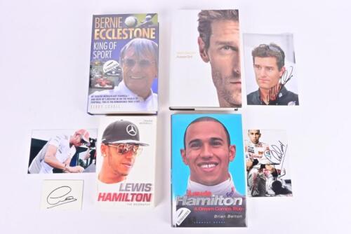 F1 BIOGRAPHIES: A group of four hardcover books detailing various personalities from F1. Ecclestone, Hamilton, Webber Biographies. Webber signature