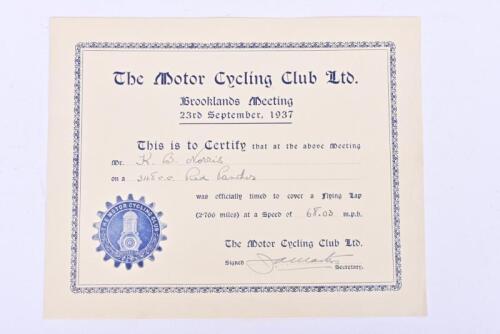 MOTORCYCLING CLUB/BROOKLANDS: A 1937 'The Motor Cycling Club Ltd - Brooklands Meeting' certificate for K.B.Norris