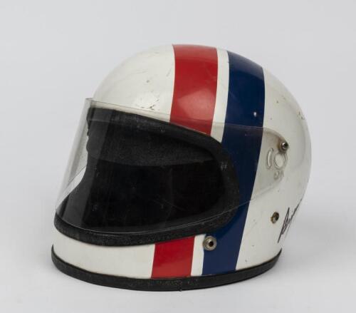 HELMET: Bryan Thomson's 1970s/1980s full face white racing helmet with red and blue stripes
