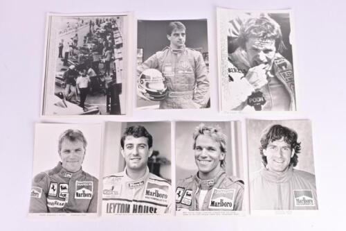 FORMULA 1: A group of 1980's black and white press photographs/photographs of Formula 1 drivers and scenes. Stefan Johansson, Ivan Capelli, Alessandro Nannini driver pictures