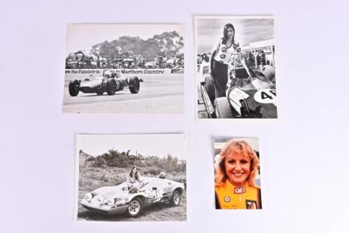 WOMEN IN MOTORSPORT: Four black and white pictures depicting women in motorsport. Sue Pryce Formula Vee picture