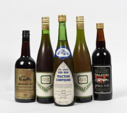 COMMEMORATIVE BOTTLES: Five commemorative port, Riesling bottles. 1st National Falcon GT Convention Easter 1985 Melbourne, AMOC Rieslings and others.