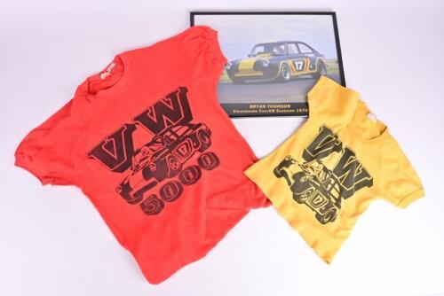 VW CHEV V8: Two T-shirts from the 1970s of Bryan&rsquo;s VW 5 litre Chev V8 in yellow and red with framed modern poster