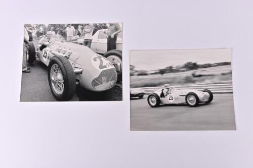 LAGO TALBOT: Two original black and white photographs of Reg Hunt competing in a Lago Talbot T26C at Sandown Raceway, 1985