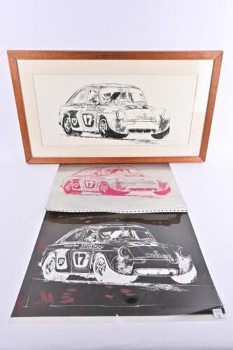 VW CHEV V8: An original ink drawing by Leon Jackman signed and inscribed on verso &ldquo;Original Art Work by Leon Jackman" together with print making materials