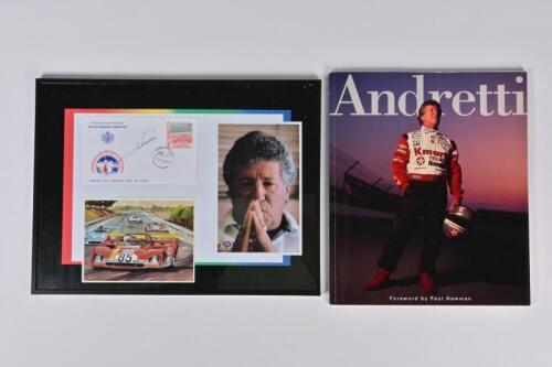 ANDRETTI: Two Mario Andretti items. Framed collage of Mario Andretti ephemera