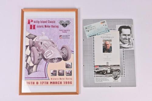 BRABHAM/PHILLIP ISLAND: A tribute collage to Sir Jack Brabham with Sir Jack Brabham signed Monterey Historic Automobile Races Paddock Pass. With 1996 'Phillip Island Classic Historic Motor Racing' poster
