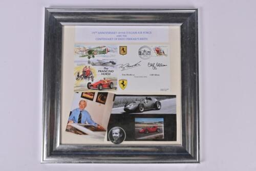 FERRARI/BROOKS: A '75th Anniversary Of The Italian Air Force And The Centeniary Of Enzo Ferrari's Birth' commemorative framed collage. First day cover signed by Tony Brooks and Cliff Allison