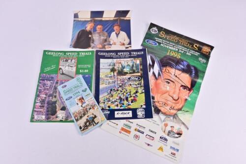 GEELONG SPEED TRIALS: Five items relating to the Geelong Speed Trials. Two Geelong Speed Trials Official Programmes from 1989 and 1990, Stirling Moss, Jack Brabham signatures