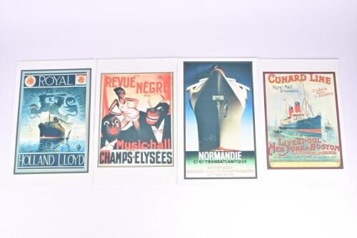 POSTERS: Four colour reproduction prints on linen of Art Deco era shipping scenes and musical poster