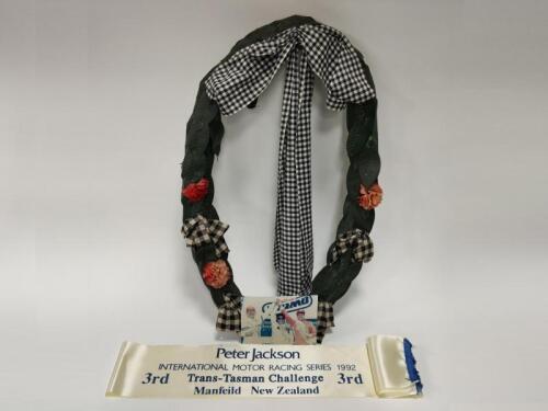 BRYAN THOMSON: Bryan&rsquo;s winner wreath and white silk winners sash from the &lsquo;3rd, Peter Jackson International Motor Racing Series 1992