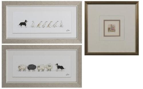 KAI THORSTEN, Pig Balancing Crockery, coloured etching, 4 x 4cm, together with two prints, A S THOMAS, Sheepdog and Sheep and Sheepdog and Ducks, colour reproductions, 17 x 37cm each