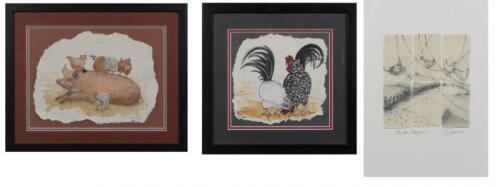 RACHEL PARSONS, Chickens and Pigs and Chickens, watercolours (2), together with a print "Chicken Trapeze" by Sarah Gabriel, 42 x 29cm, 22 x 30.5cm and 18 x 19cm