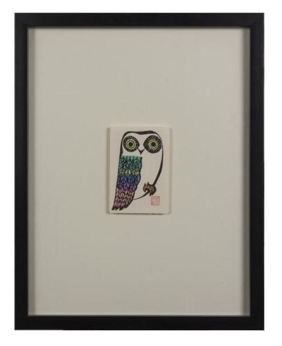 JAPANESE WOODCUT: A Japanese woodcut depicting a owl, 15 x 10cm