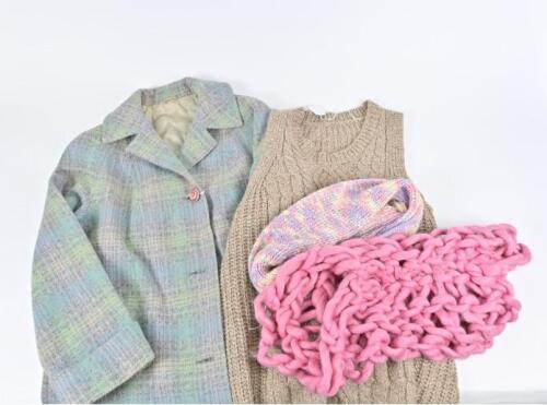 WOMEN'S CLOTHING: Four pure wool women's apparel <br />including Clovely Fabrics, England, a wool vest and two snoods