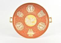 SPODE COPELAND: A Spode Copeland tazza, circa 1960 with gilt classical Greek scenes on a red ground, Greek key border and gilded handles<br>11cm high, 39.5cm across the handles - 3