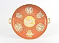 SPODE COPELAND: A Spode Copeland tazza, circa 1960 with gilt classical Greek scenes on a red ground, Greek key border and gilded handles<br>11cm high, 39.5cm across the handles - 2