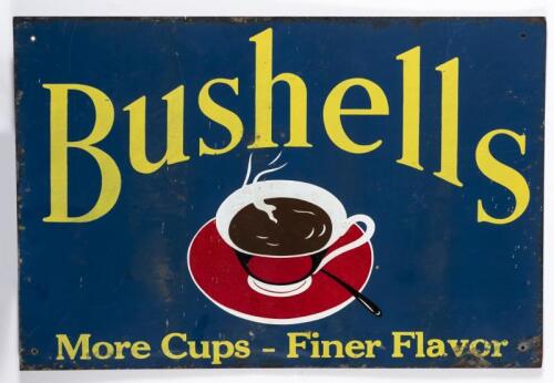 BUSHELLS: An original Bushells More Cups - Finer Flavor advertising sign, image of tea cup with tea on blue background, 30.5cm high, 46cm wide