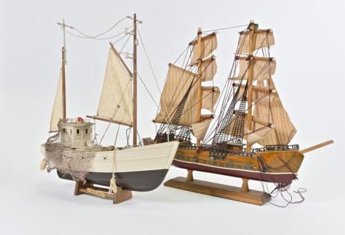 MODEL SHIPS: Two model ships, one a fishing boat, the other a tallship, the largest 42cm high